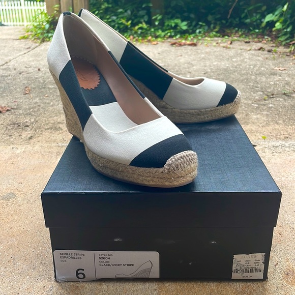 J. Crew Shoes - JCrew - Seville Stripe Espadrilles Wedge - Black and Ivory - Size 6